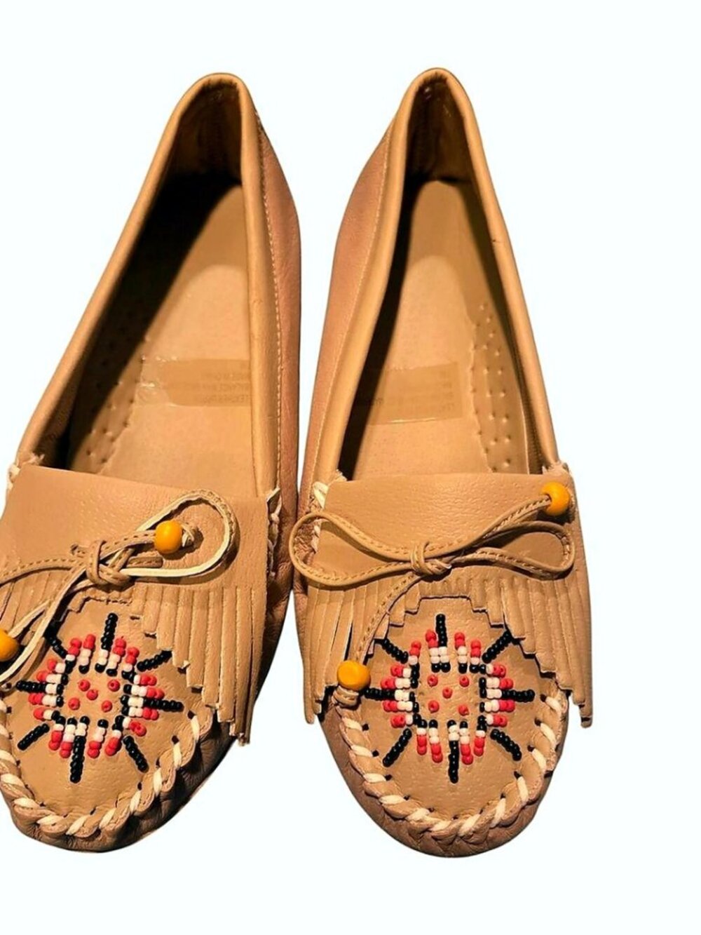 Beaded Leather Moccasin Flats Tan Fringe Kiltie Women's Size 7